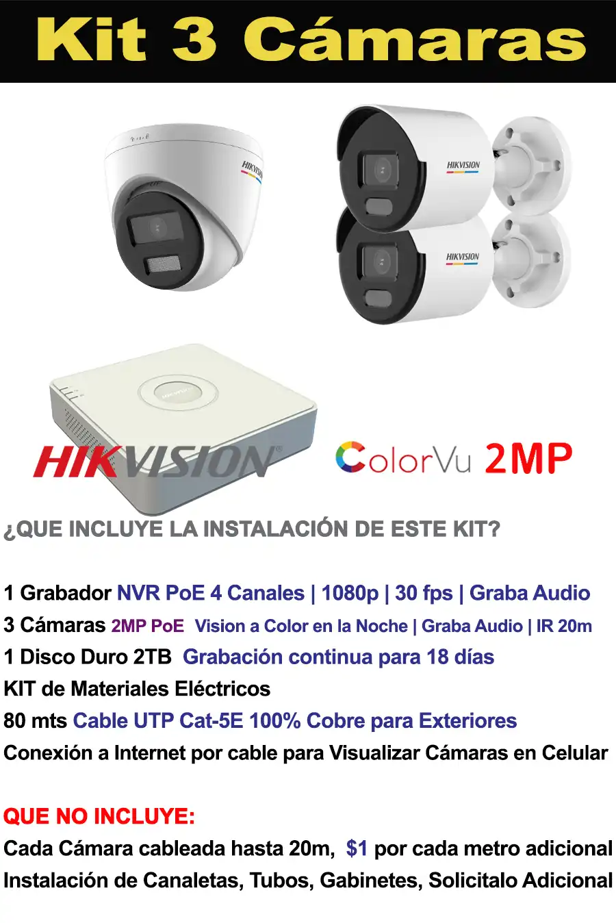 Kit 3 Cámaras de Vigilancia IP 2MP 