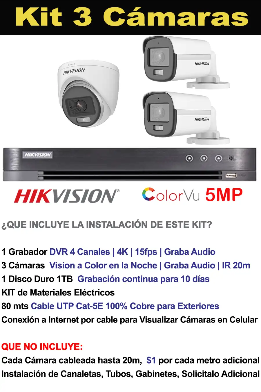 Kit 3 cámaras 5 megapixeles hikvision