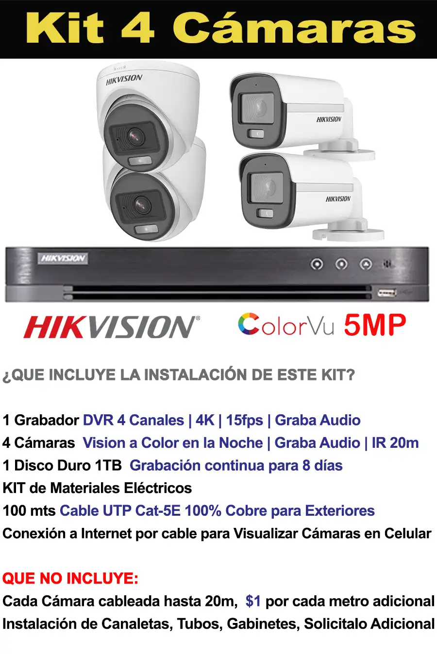 Kit 4 cámaras 5 megapixeles hikvision