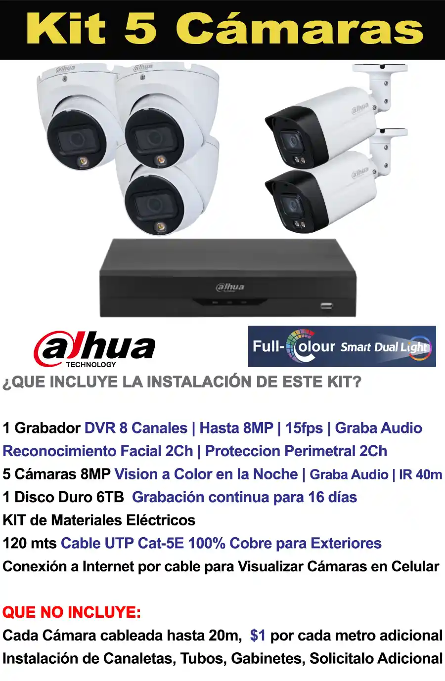 5 Cámaras Seguridad Dahua 4K-8mp