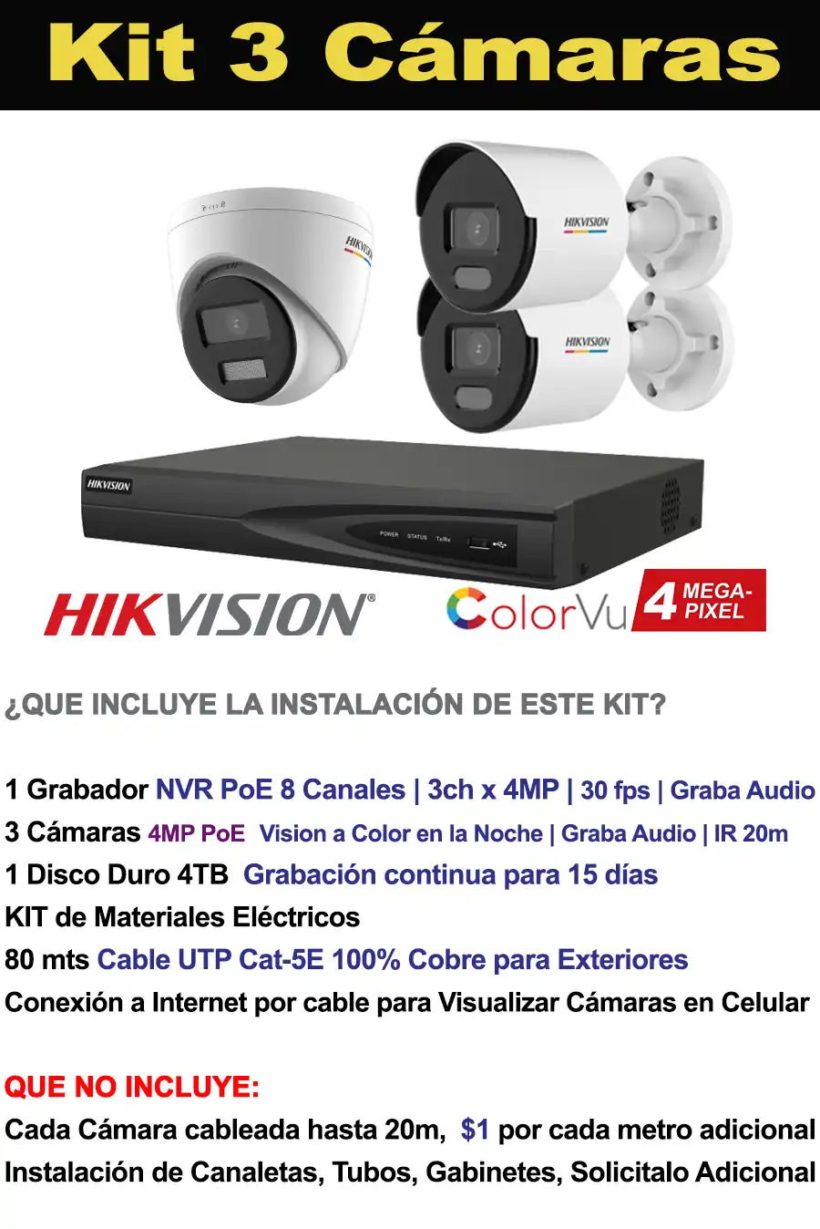 kit 3 Cámaras de 4 Megapixeles Hikvision