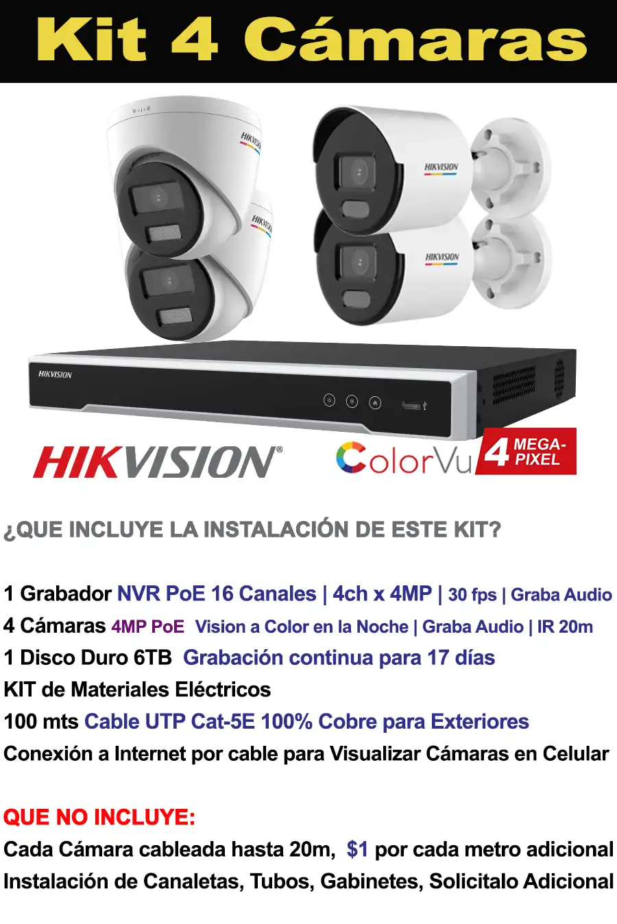 kit 4 Cámaras de 4 Megapixeles Hikvision