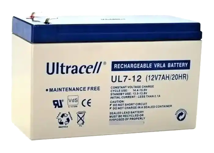 Ultracell UL7-12 | 12 V | 7 Ah | VRLA sellada | 84 Wh nominales | Sin mantenimiento
